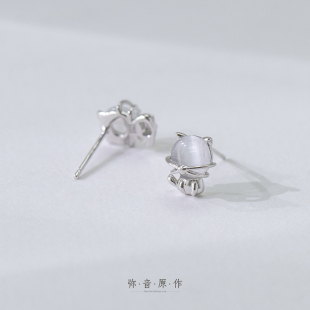 弥音原作 猫咪耳钉甜美可爱女925银小耳环猫眼石耳饰生日礼物高级
