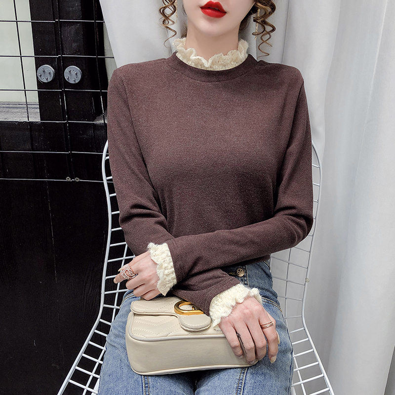 Half high collar thickened base shirt with 2021 spring style lace splicing sleeve, slim fitting and versatile long sleeve top