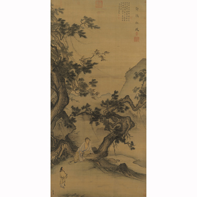 宋马麟静听松风图82x40cm  宋代名画国画工笔人物山水画工笔写意