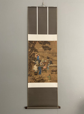 国画宣和裱挂轴檀木轴头新中式宋画绫绢仿古画 博古图文会图