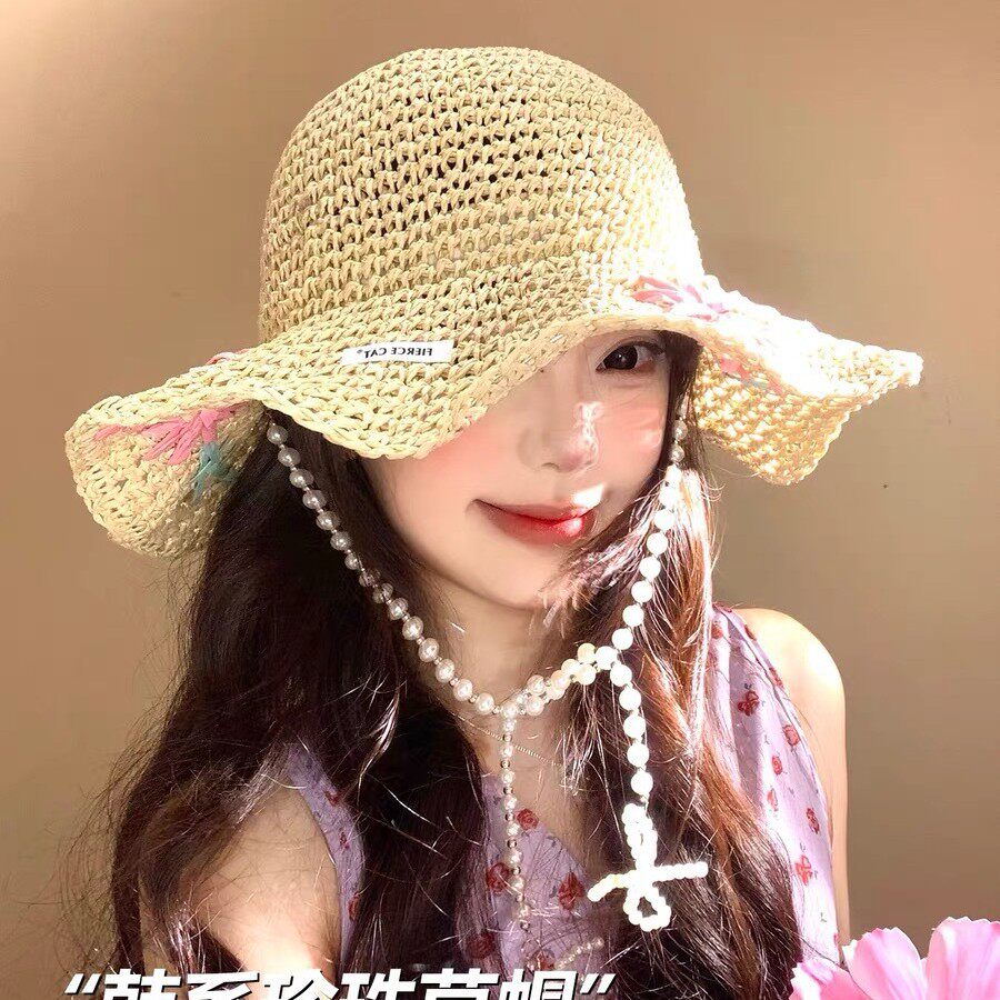 珍珠大花朵沙滩绑带蝴蝶结度假渔夫帽子帽檐海边草帽夏季遮阳