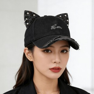 2026春季新款复古破洞棒球帽女豹纹猫耳鸭舌帽子时尚撞色甜酷潮帽