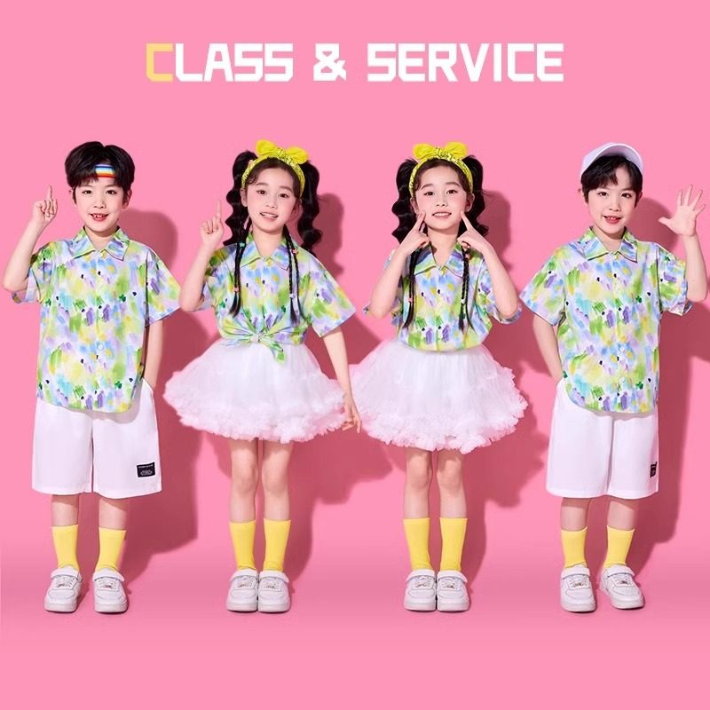 六一儿童啦啦队演出港风幼儿园小学生合唱班服彩绘涂鸦衬衫团体服