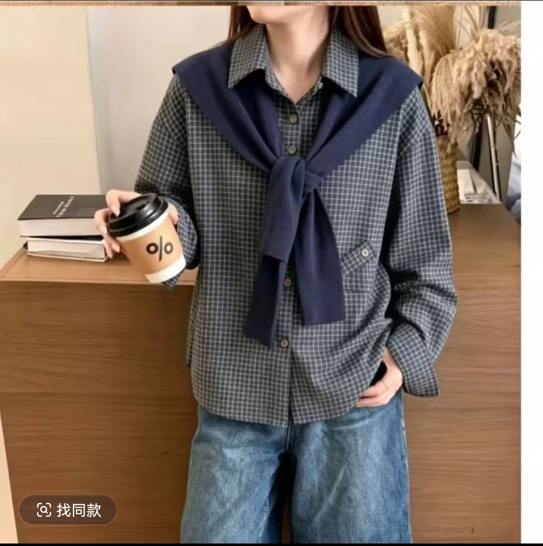 2026秋季新款显瘦百搭翻领格子衫上衣开衫女文艺范复古百搭时尚潮