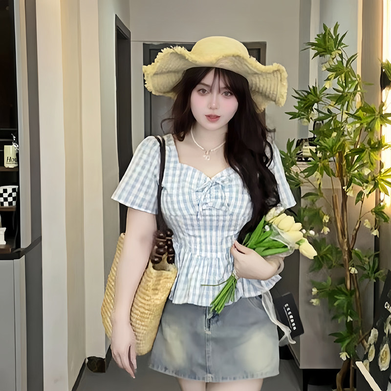 大码格子衬衫女新品上衣春夏秋收腰显瘦遮肉胖美感短袖外穿学生衫