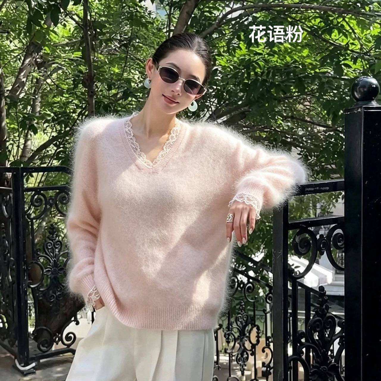 新款桑蚕丝羊绒羊毛拉绒蕾丝拼接毛衣