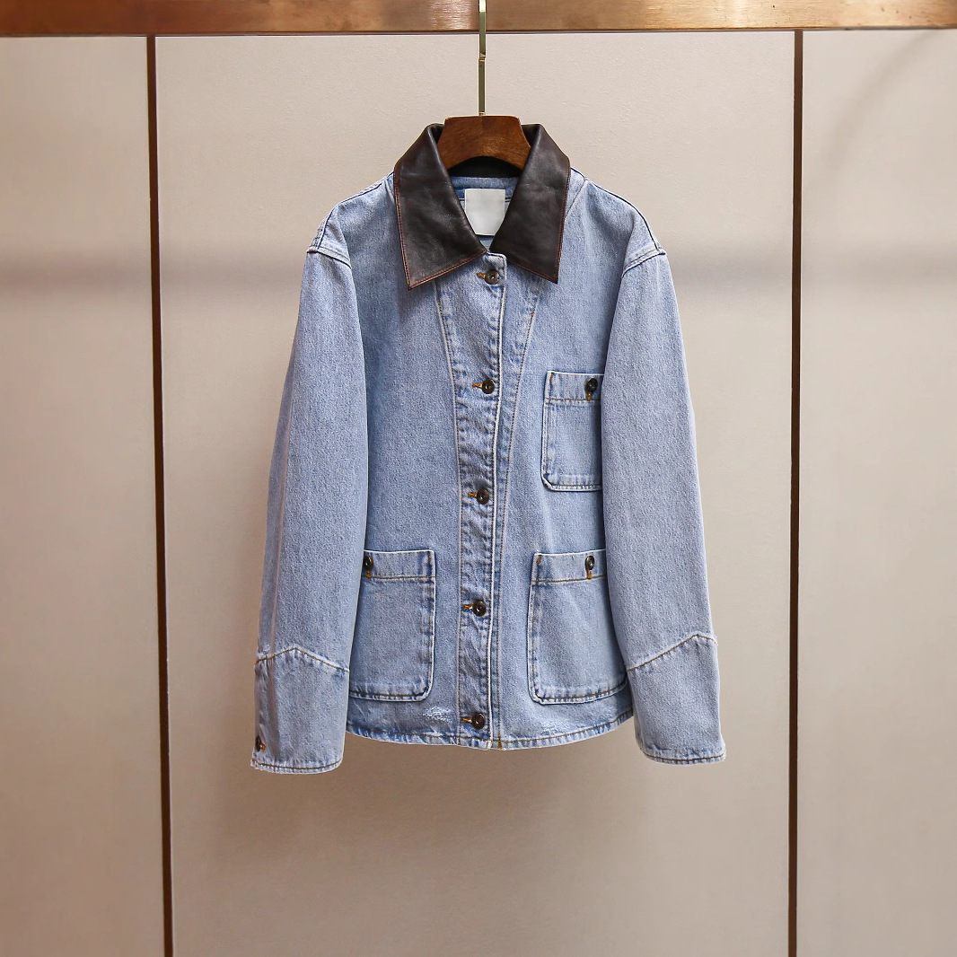 S家春季新款时尚法式复古水洗做旧拼接皮质翻领百搭通勤牛仔外套