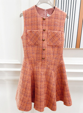 小香风橙色圆领外套套装春夏新款女粗花呢短款气质名媛感大都当天