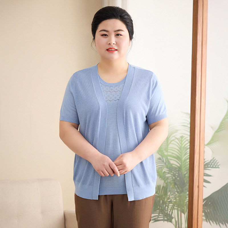 中老年女假两件短袖T恤上衣夏装