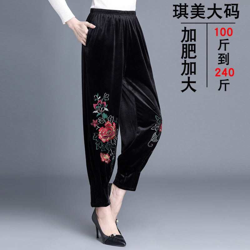 妈妈金丝绒刺绣裤子灯笼裤200斤