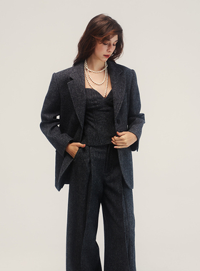 ELIATELIER“OfficeLady”粗纺纯羊毛经典廓形平驳领灰色麻衬西装
