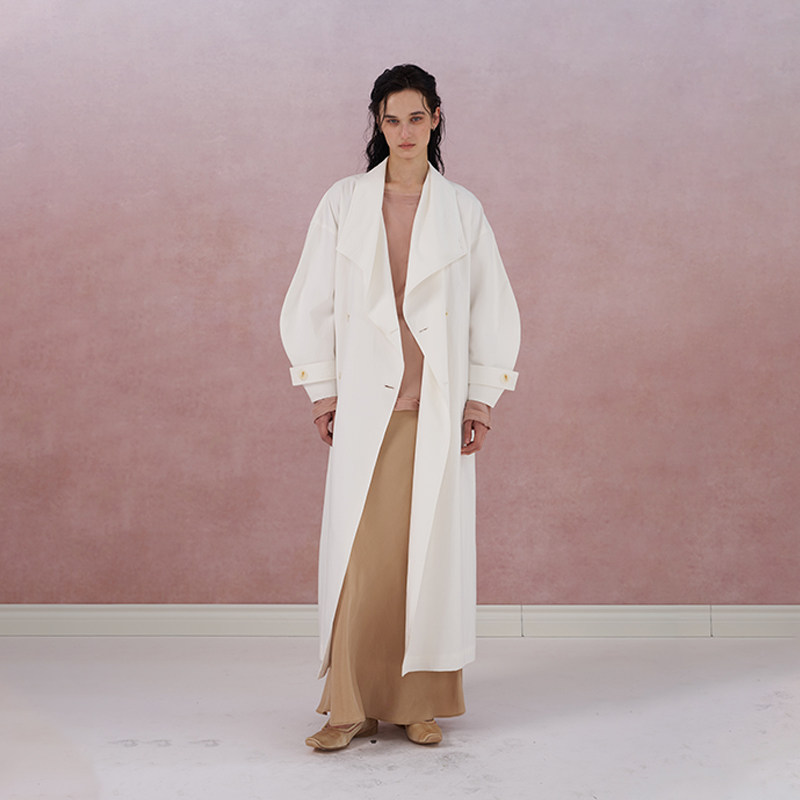 ELIATELIER 25FW 大翻领双排扣乳白色中长款茧型袖落肩廓形大衣