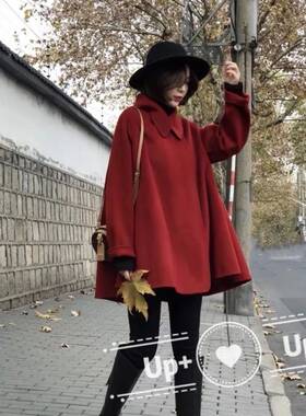 货站0宽松翻领长袖毛呢大衣