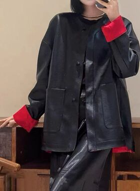 欧洲站2026春季新中式盘扣皮衣女中长款黑色撞色拼接落肩袖外套