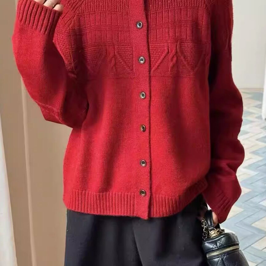 欧洲站2025秋韩系风圆领单排扣绞花纹针织开衫女宽松保暖毛衣外套