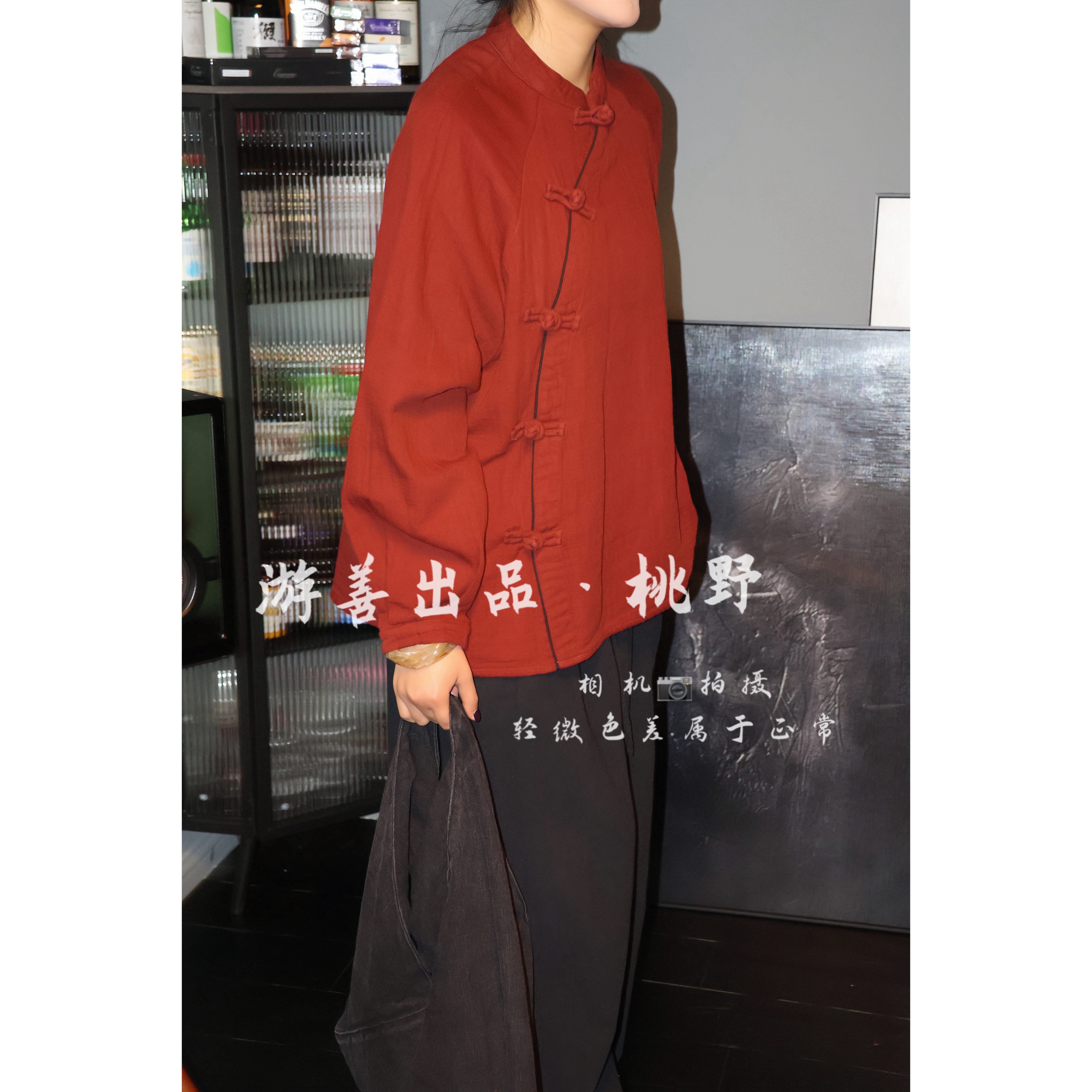 爆款斜襟立领亚麻包边盘扣衬衫