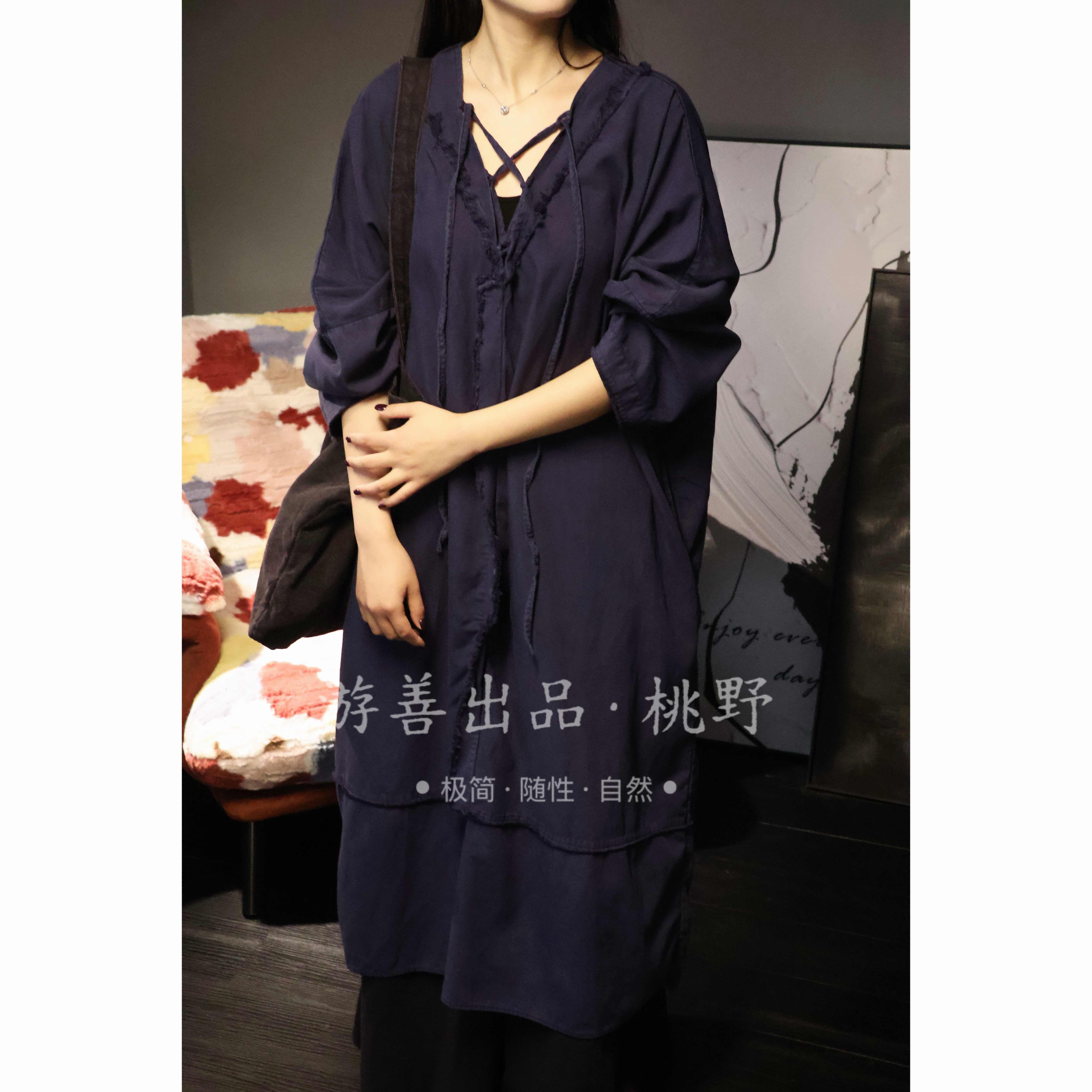 纯亚麻连衣裙原创设计师款诧寂风系带袍子做旧款   长120胸160