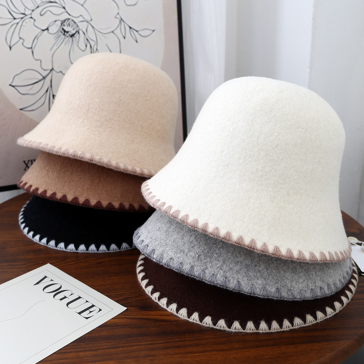 2025撞色檐缝线羊毛渔夫帽女冬季优雅百搭气质盆帽御寒保暖水桶帽