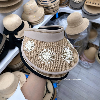 2025手工缝制太阳花空顶防晒帽拉菲草遮阳帽夏大帽檐户外遮阳草帽