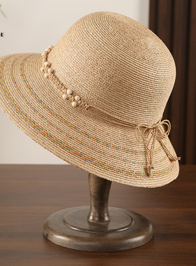 新款彩线拉菲草帽子女夏季草编防晒帽女防紫外线日系大檐太阳Y008