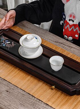 中式长方形石头重竹干湿两用茶盘