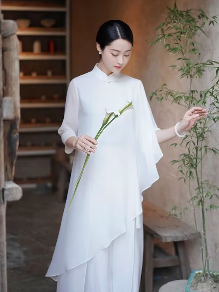 初蝉飘逸禅意茶服仙气佛系女装中式中国风白色居士打坐套装