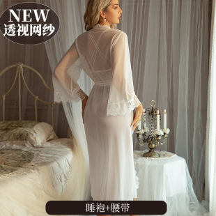欧美蕾丝睫毛花边长款 高品质性感微透纯色网纱夜店睡衣潮 睡袍女