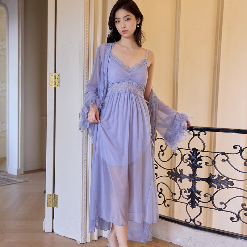 春夏纯欲网纱睡裙轻熟蕾丝长袖两件套仙女风宫廷可外穿时尚家居服