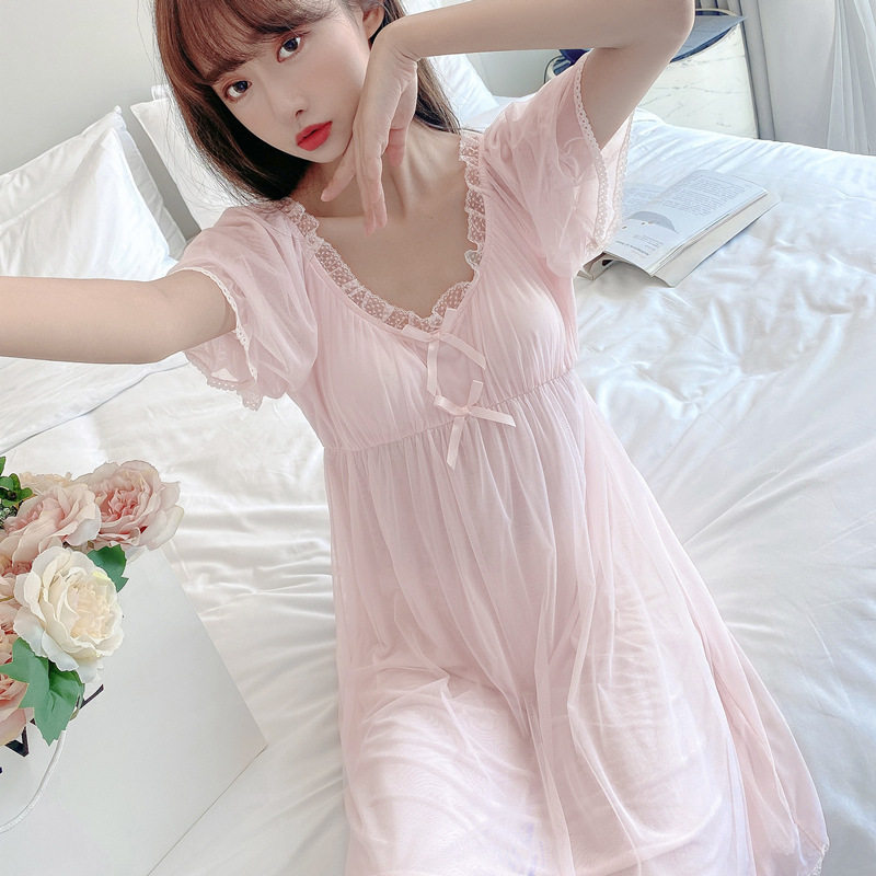 宫廷风网纱蕾丝公主睡裙女夏少女唯美睡衣可爱带胸垫家居服可外穿