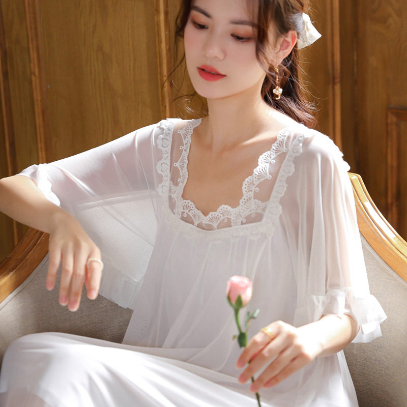 短袖网纱睡裙女夏宫廷风甜美绣花外穿家居服宽松大码蕾丝公主睡衣