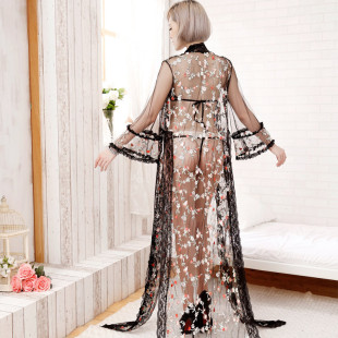 蕾丝睡裙罩衫 性感睡衣 1725 内衣 跨境刺绣女士透明性感长袍爆款