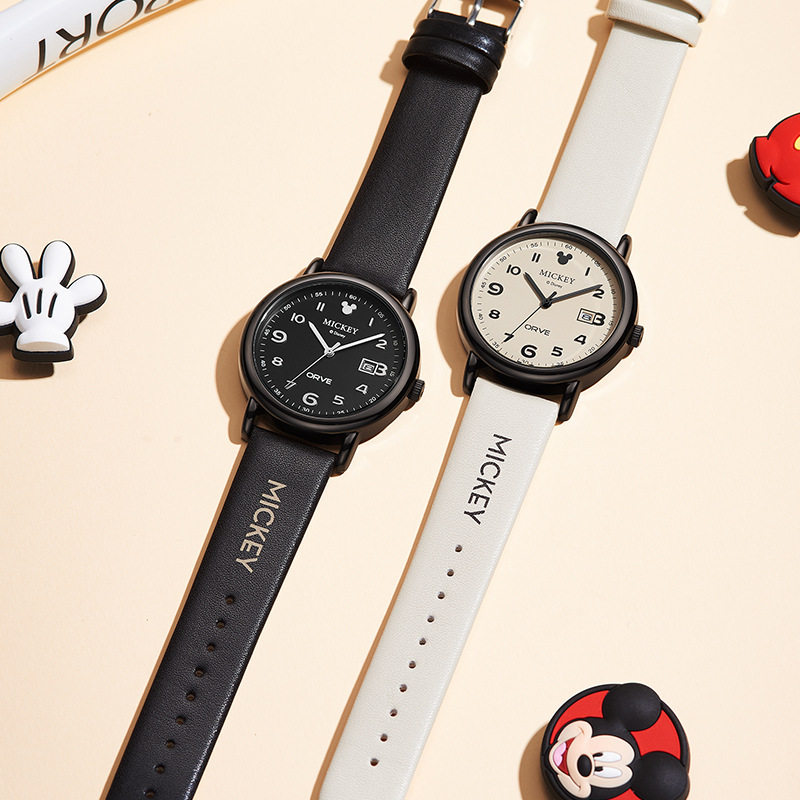 迪士尼新款石英表 米奇时尚学生复古日历手表 男生大数字指针式表