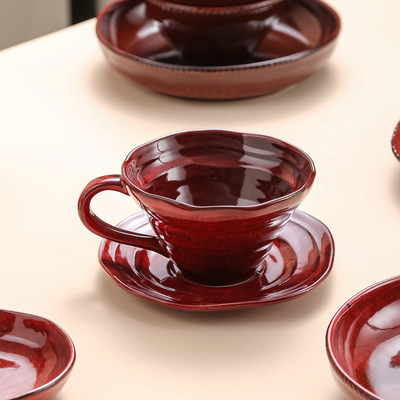 窑变红 咖啡杯陶瓷杯碟套装早餐杯复古红色马克杯子家用水杯