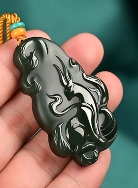 羊脂黑青玉九尾狐玉牌男九尾狐天然挂件玉坠男女和田玉新疆踏青九