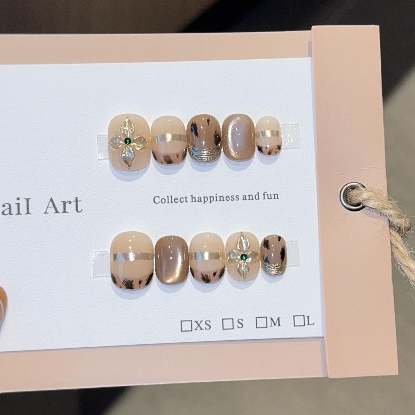 金属立体雕花 琥珀晕染ins风纯手工穿戴甲秋冬短款显白美甲贴片