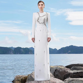 气质白色修身 连衣裙长裙 长款 礼服2025新款 气质重工钉珠镶钻长袖