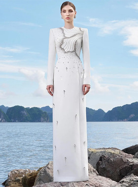 气质白色修身礼服2025新款气质重工钉珠镶钻长袖长款连衣裙长裙
