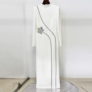 显瘦高端钉珠镶钻礼服连衣裙 名媛气质修身 长裙 长袖 2025新款