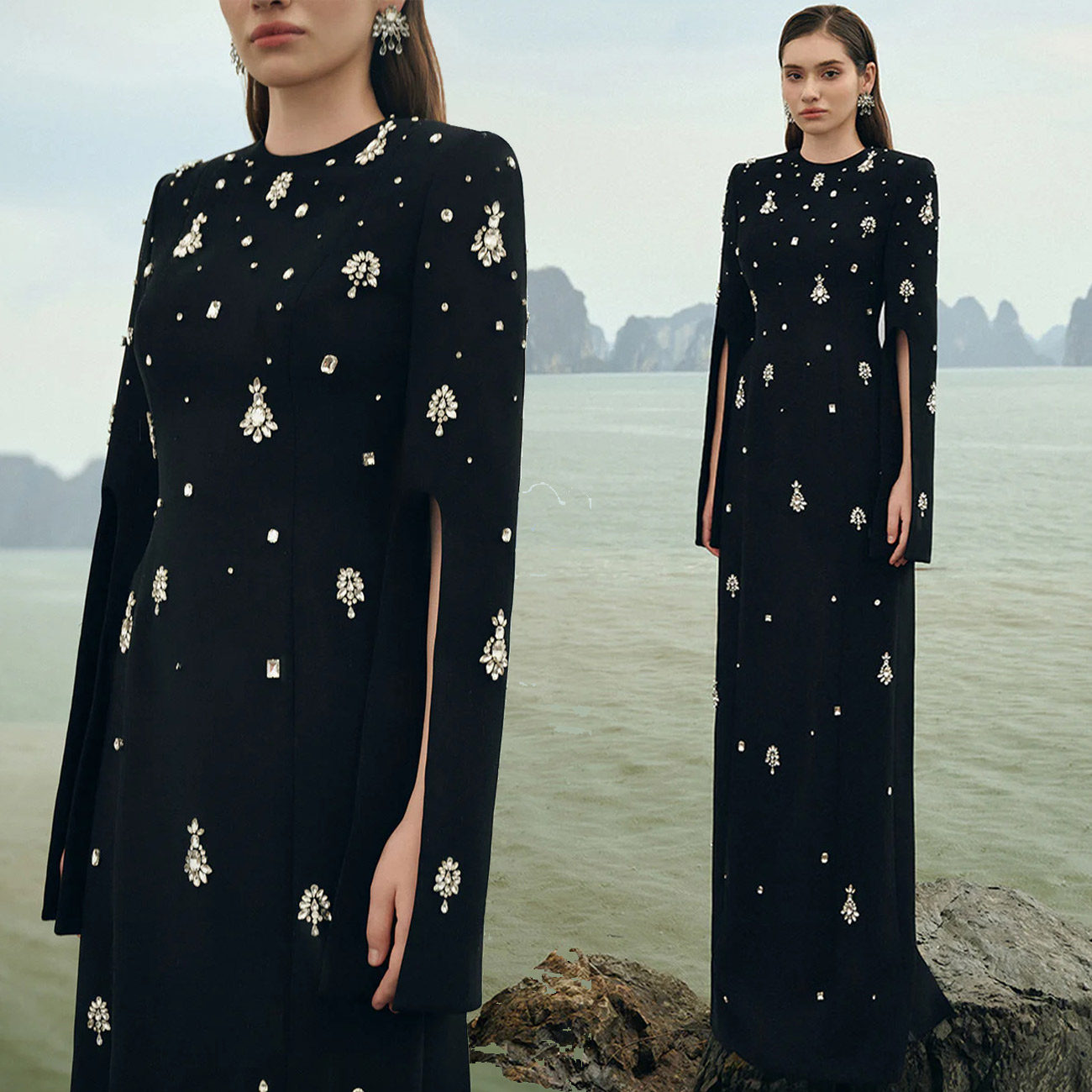 高端重工钉珠镶钻长袖长款连衣裙