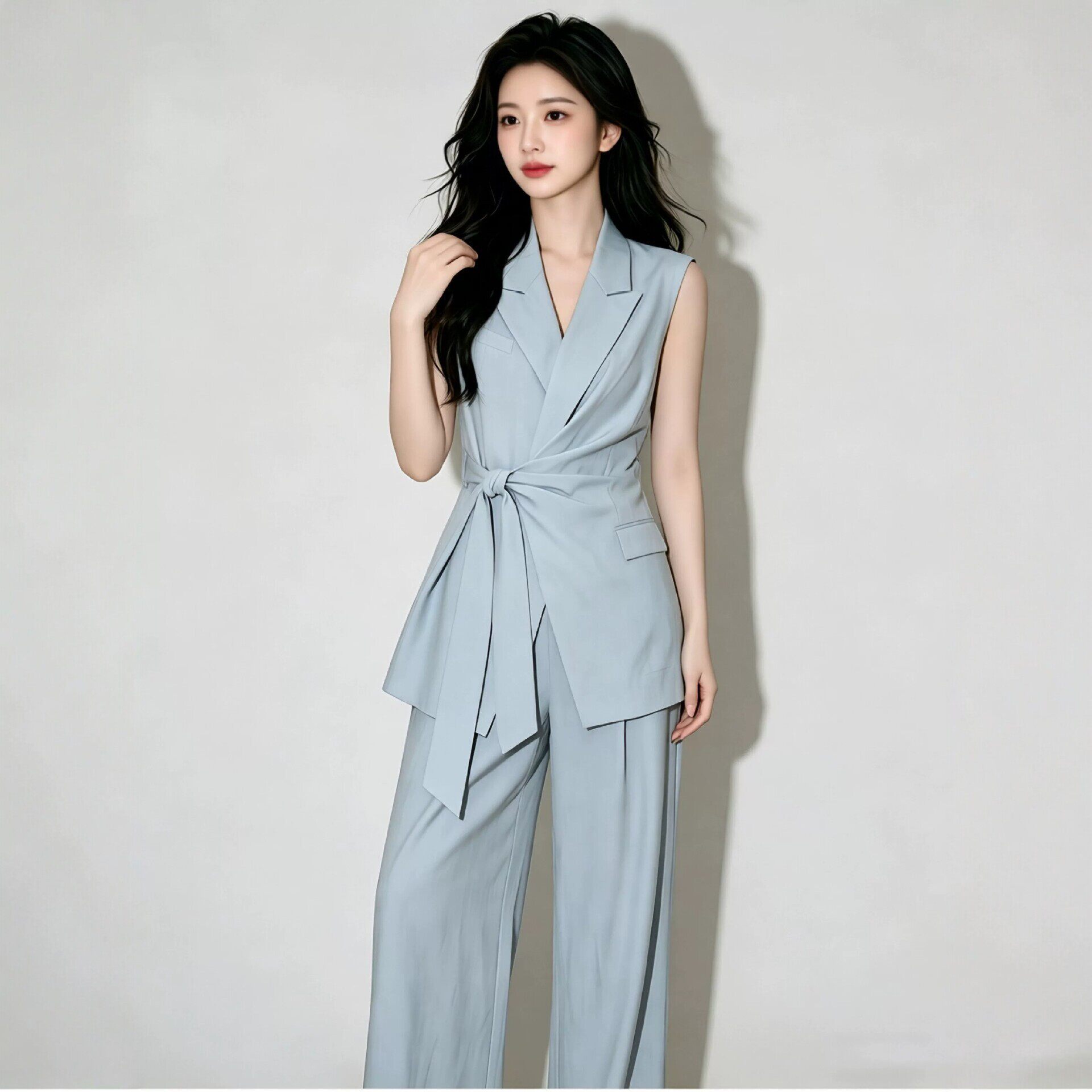 高级感夏季薄款蓝色无袖西装马甲套装女气质通勤显瘦阔腿裤两件套