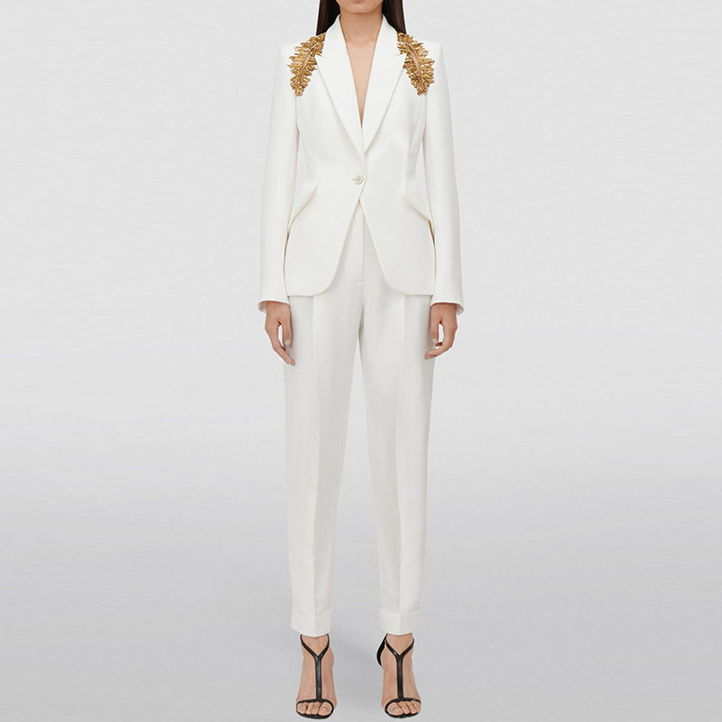 高级感重工钉珠套装2025新款欧洲站名媛走秀西装小脚裤修身两件套