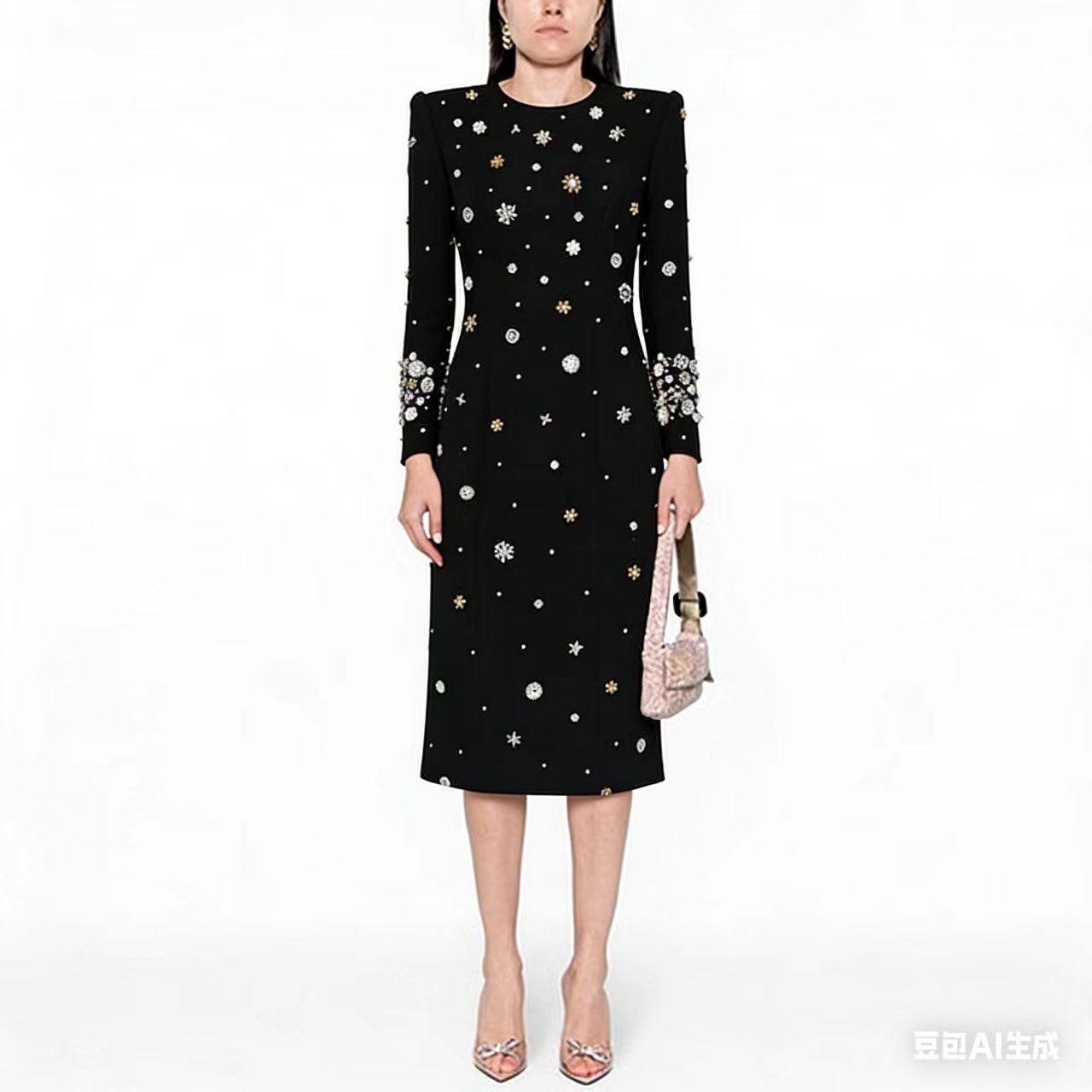2025新款欧美名媛气质修身显瘦时尚重工钉珠镶钻中长款连衣裙礼服