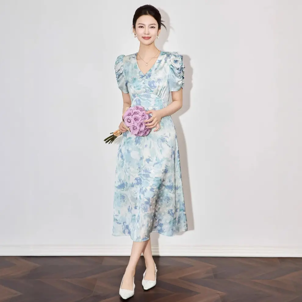 2502801-深圳南油法式时尚雅致印花提花裙高腰名媛气质女春连衣裙