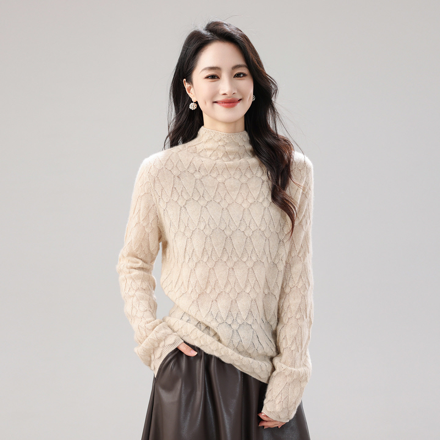 半高领毛衣女秋冬新款保暖高级镂空针织衫100%纯山羊绒长袖毛衣,女装/女士精品,羊绒衫,淘宝优惠券,粉丝福利购,淘宝优惠卷