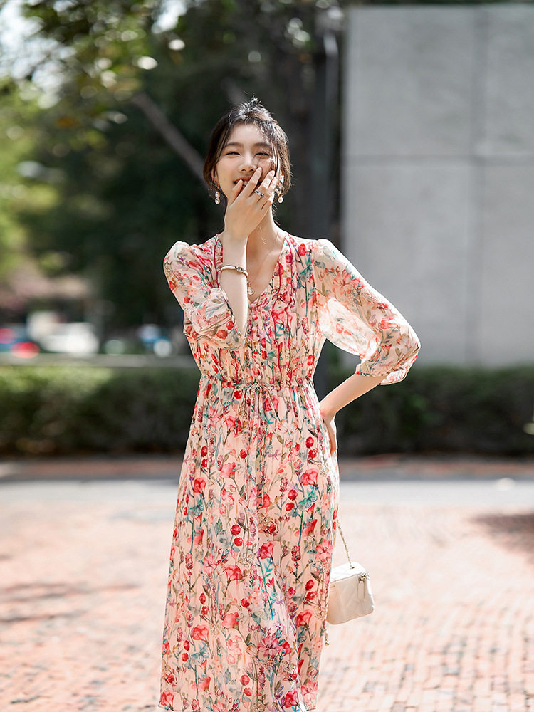 90497 夏季新品女装2025减龄花色真丝收腰气质连衣裙子