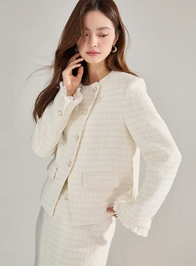 24秋冬法式白色绵羊毛小香风外套女别致优雅时尚套装18240+18241