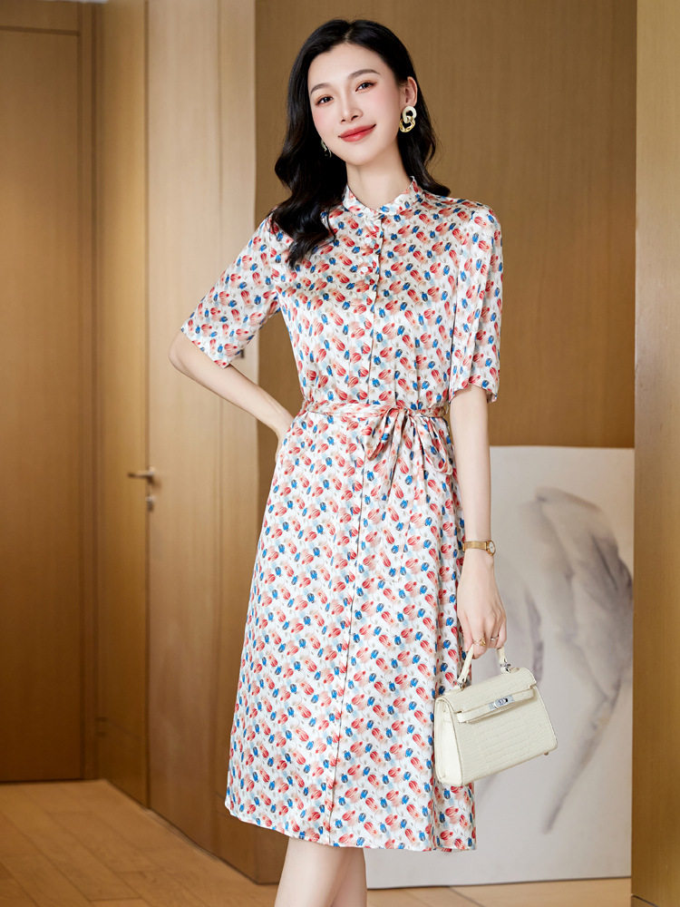 真丝连衣裙女2026新款夏季印花系带气质中年妈妈装短袖桑蚕丝A裙