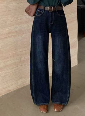 25冬款高腰显瘦百搭复古弯刀裤宽松加绒加厚阔腿牛仔裤女裤22691