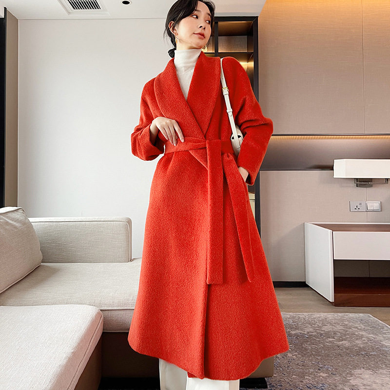 2025秋冬新橘红色加厚羊驼毛上衣系带羊绒大衣女毛呢外套厂家