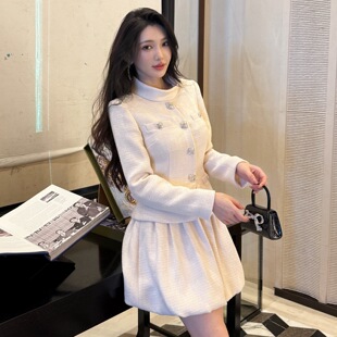 冬季新品法式复古名媛小香风粗花呢长袖连衣裙修身显瘦短款花苞